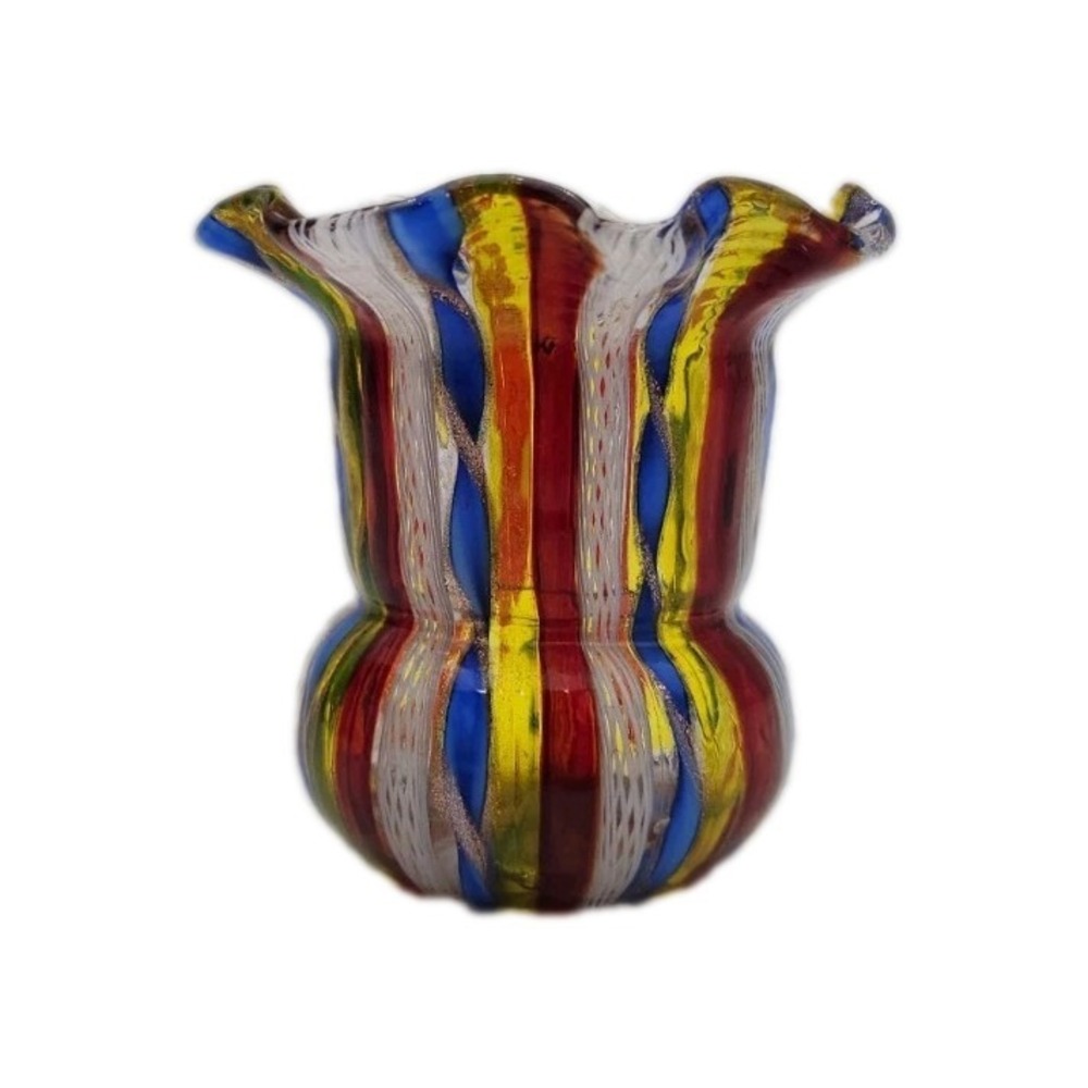 VTG MURANO Latticino Design In Tutti Fruity Colors Toothpick Holder Small Vase